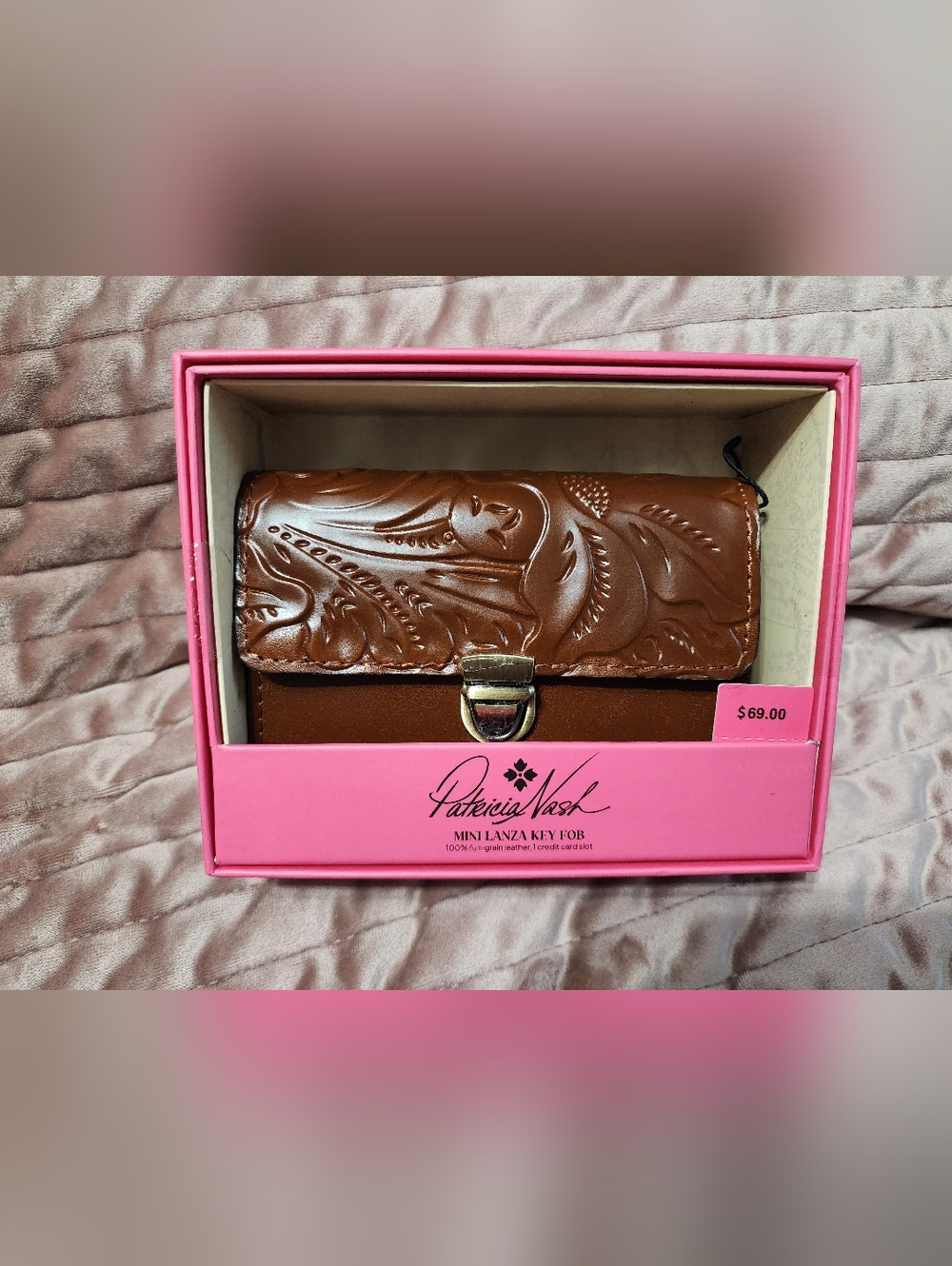 Patricia Nash Brown Embossed Leather Mini Lanza Key Fob Wallet